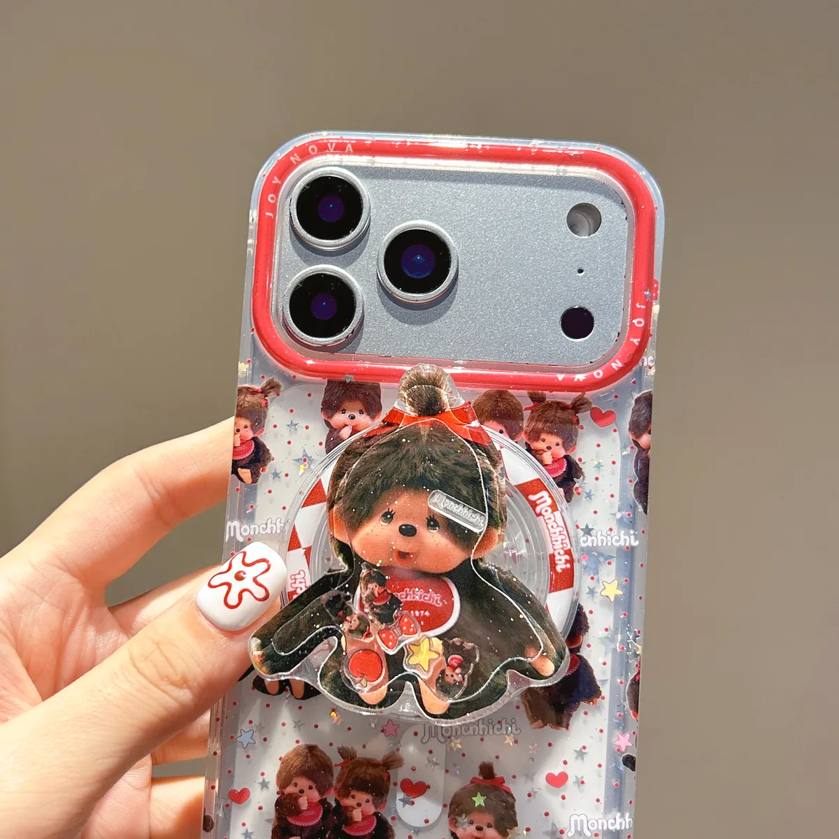 Monchhichi Clear Glitter iPhone 17 16 15 14 13 Pro Max Phone Case with Ring Stand